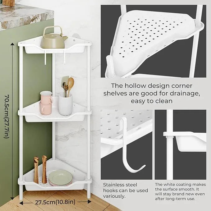 3 Tier Corner Shower Caddy Standing Floor Standing Corner Shower Caddy Organizer Shower Table Plastic Metal Splicing Shelf Storage Rack for Bathroom White- Rustproof - ModernBath