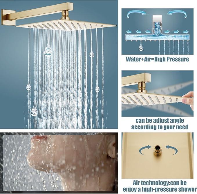 Aolemi Shower Faucet Set Rain Shower System with Handheld Spray Bathroom Shower Combo Rough-in Valve and Shower Trim Kit Included Brushed Gold 12 Inch Wall Mount Shower Head - ModernBath