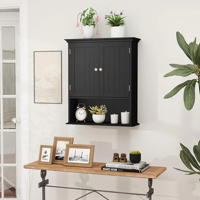 Tangkula Bathroom Wall Cabinet, Wooden Hanging Storage Cabinet with Doors & Shelves, Multipurpose Storage Cabinet for Restroom Kitchen Living Room, Wall Mounted Bathroom Medicine Cabinet (Black) - ModernBath