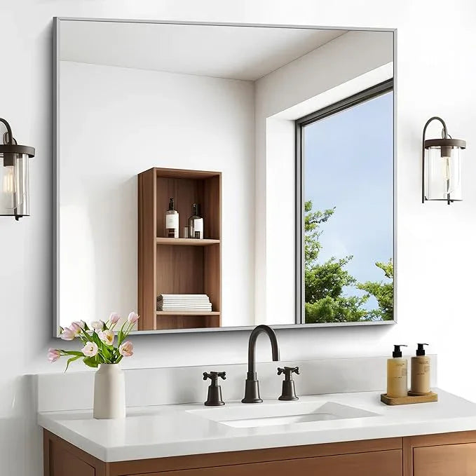 DESBING 36" x 40"Bathroom Mirror, Silver Rectangle Corner Wall Mirror with Metal Frame, Decorative Rectangular Vanity Mirror for Bedroom Bathroom Living Room Entryway (Horizontal/Vertical) - ModernBath