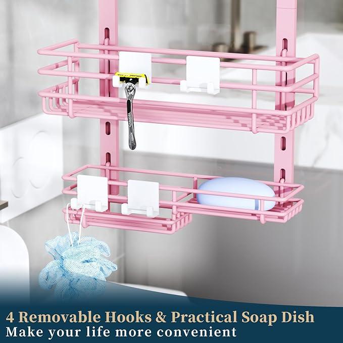 Consumest Over The Door Shower Caddy - 5 Tier Adjustable Shower Organizer Hanging with 2 Toothbrush Holders & 4 Hooks, Rustproof Organizer Shelf, Storage Rack for Bathroom, Pink - ModernBath