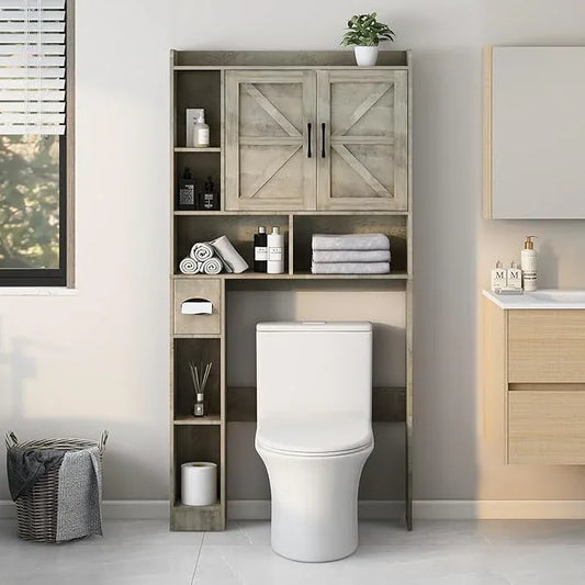 Vabches Over The Toilet Storage Cabinet, Farmhouse Storage Cabinet Over Toilet with 2 Barn Door & Toilet Paper Holder Stand，Home Space-Saving Toilet Rack, for Bathroom, Restroom, Laundry - ModernBath