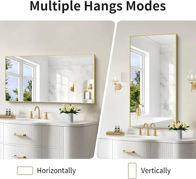 COFENY 48x24In Gold Bathroom Mirror for Wall, Brushed Gold Rectangle Mirrors with Metal Frame, Bathroom Rectangular Mirror Modern Wall Mirror for Bedroom Living Room, Hangs Horizontal or Vertical - ModernBath