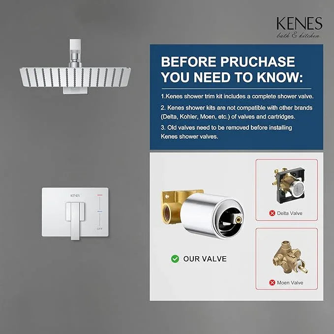 KENES Modern Polished Chrome 10-Inch Shower Head and Handle Set, Square Shower Faucet Set Bathroom Rainfall Shower System, KE-6024B-5 (Shower Valve Included) - ModernBath