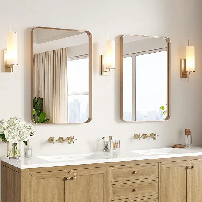 USHOWER Gold Bathroom Mirrors 22"x30" 2 Pack, Brushed Gold Rounded Rectangle Mirrors for Over Sink, Aluminum Frame, Anti-Rust, Tempered Glass, Horizontal or Vertical Mounted - ModernBath