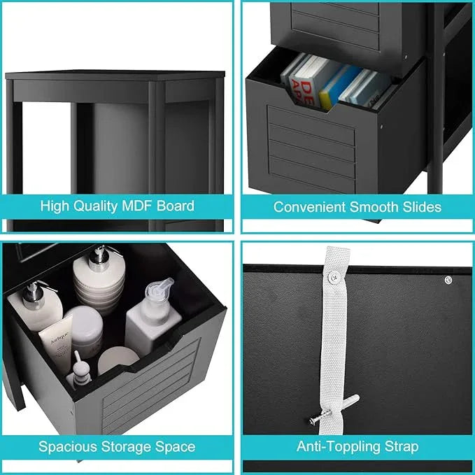 Tangkula Bathroom Floor Cabinet, Narrow Wood Storage Tower w/2 Switchable Drawers, Multifunctional Side Storage for Bathroom, Freestanding Small Cabinet for Small Spaces, 12 x 12 35 Inch (Black) - ModernBath