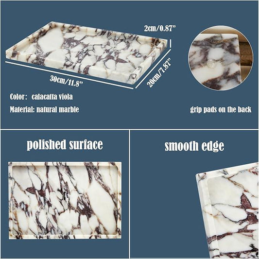 Denique Natural Marble Vanity Tray for Bathroom Countertop, Stone Storage Tray for Home Decor, 12"x8" Genuine Calacatta Viola Marble Perfume Jewelry Organizer for Kitchen Dresser - ModernBath
