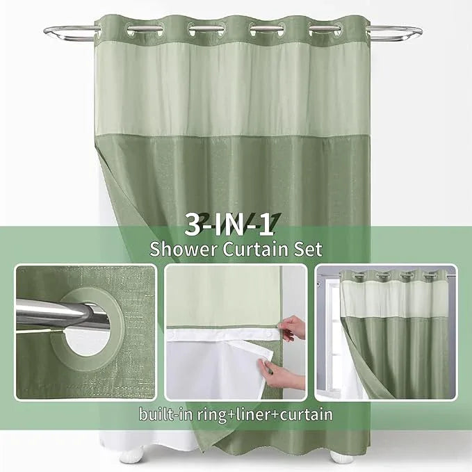 eachope Sage Green No Hook Shower Curtain with Snap-in Fabric Liner Set,Slub Textured Fabric Shower Curtains for Bathroom,Hotel Style Modern Shower Curtain,Water Repellent & Washable,71x74(72) - ModernBath