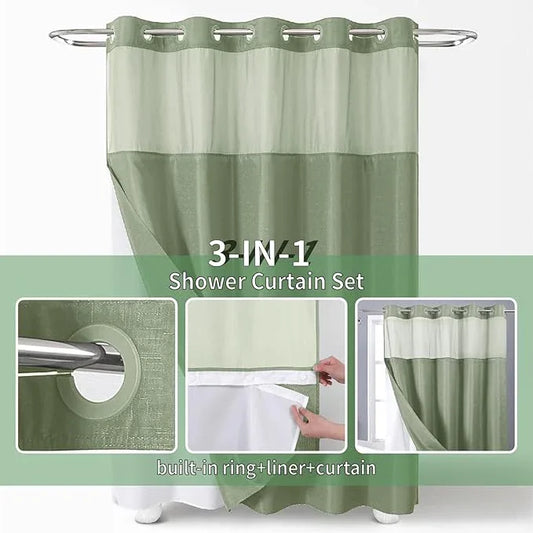 eachope Sage Green No Hook Shower Curtain with Snap-in Fabric Liner Set,Slub Textured Fabric Shower Curtains for Bathroom,Hotel Style Modern Shower Curtain,Water Repellent & Washable,71x74(72) - ModernBath