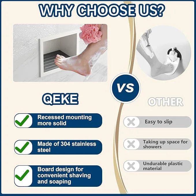 Qeke Shower Foot Rest for Shaving Legs, 304 Stainless Steel Footrest Niche with Shaving Holder, Recessed Shower Niche for Shaving Legs, Matte White - ModernBath