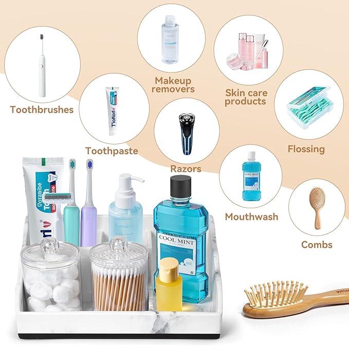 TuCao Marble Bathroom Countertop Organizer, Toothbrush Holders for Bathroom with 2PCS Qtip Holder Dispenser and Toothpaste Holder Drainage for Bathroom Accessories Organization Counter Vanity Storage - ModernBath