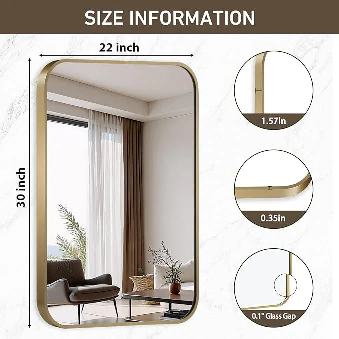 CLBA Gold Mirror, 22x30 Inch Gold Rectangle Mirror, Aluminum Alloy Framed Vanity Mirror, Rounded Rectangle Bathroom Mirror for Over Sink, Anti-Rust Wall Mirror (Horizontally or Vertically) - ModernBath