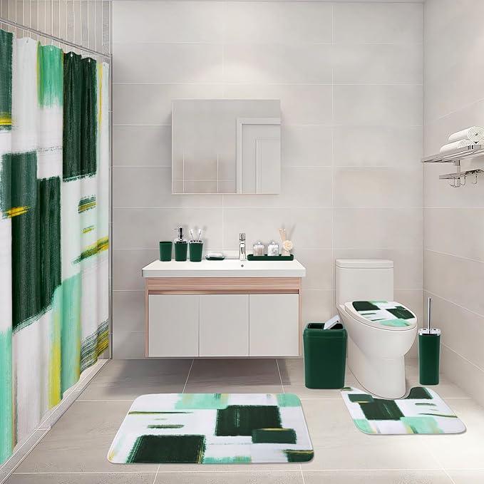XLHOMO Bathroom Set - Dark Green Bathroom Accessories Set, Bathroom Sets with Shower Curtain and Rugs, Green Shower Curtain Set with Bathroom Trash Can, Soap Dispenser, Soap Dish for Home Decor - ModernBath