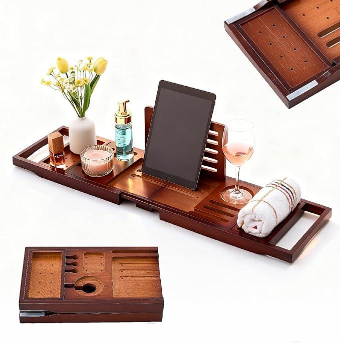 Premium Foldable Bamboo Bathtub Tray Caddy, Expandable Bath Caddy Tray with Holder, Brown Bath Shelf Over Tub, Spa Bathroom Accessories & Gifts for Home - ModernBath