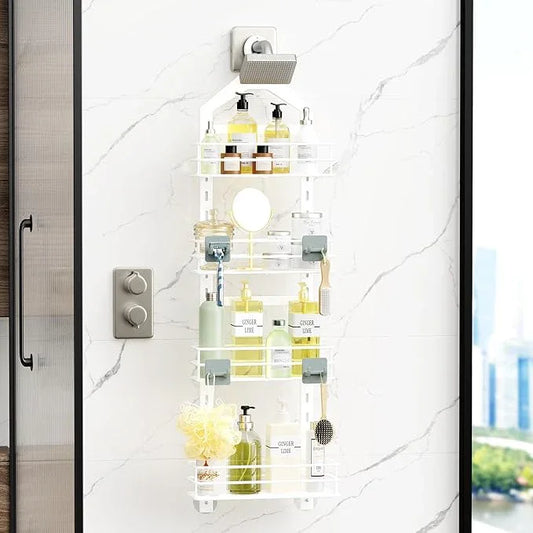 Orimade 4 Tier Adjustable Anti-slip Shower Caddy Over Shower Head, Rustproof Bathroom Hanging Organizer With 4 Hooks for Razor, No Drilling Shower Shelves Storage Rack, White - ModernBath