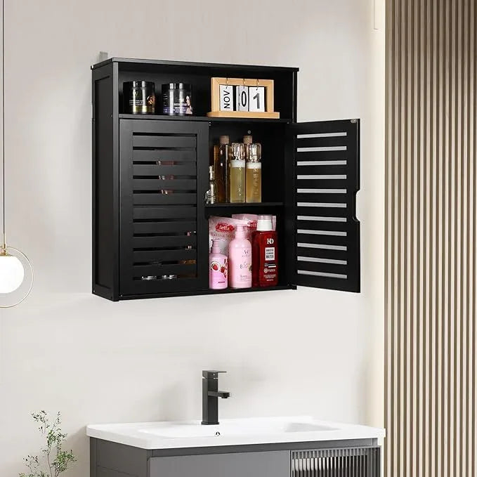 HYNAWIN Wall-Mounted Black Bathroom Cabinet with Double Doors, Bamboo Storage Shelf Organizer for Kitchen, Living Room, or Bathroom - ModernBath