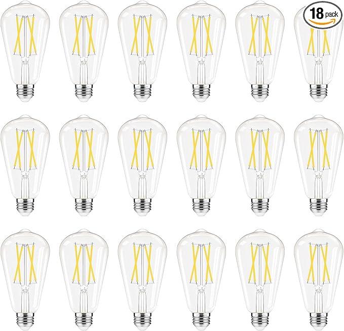 Dimmable LED Edison Bulbs, 4000K Daylight White, 6W Equivalent to 60 watt E26 LED Bulb, ST58 Vintage Light Bulbs, 600LM, 90+ CRI, E26 Base, Clear Glass, 18 Pack - ModernBath