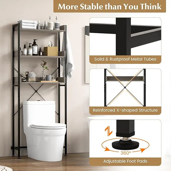 Tangkula Over The Toilet Storage, 3-Tier Toilet Rack Bathroom Space Saver with 4 Hooks & Adjustable Bottom Bar, Freestanding Bathroom Organizer Shelf Over Toilet for Restroom Balcony Laundry (Grey) - ModernBath