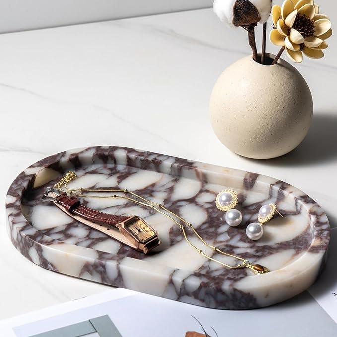 Natural Calacatta Viola Marble Tray 10"x6" - Non-Resin Bathroom Vanity Organizer & Kitchen Decor | Waterproof Oval Stone Serving Dish (Purple Portoro) - ModernBath