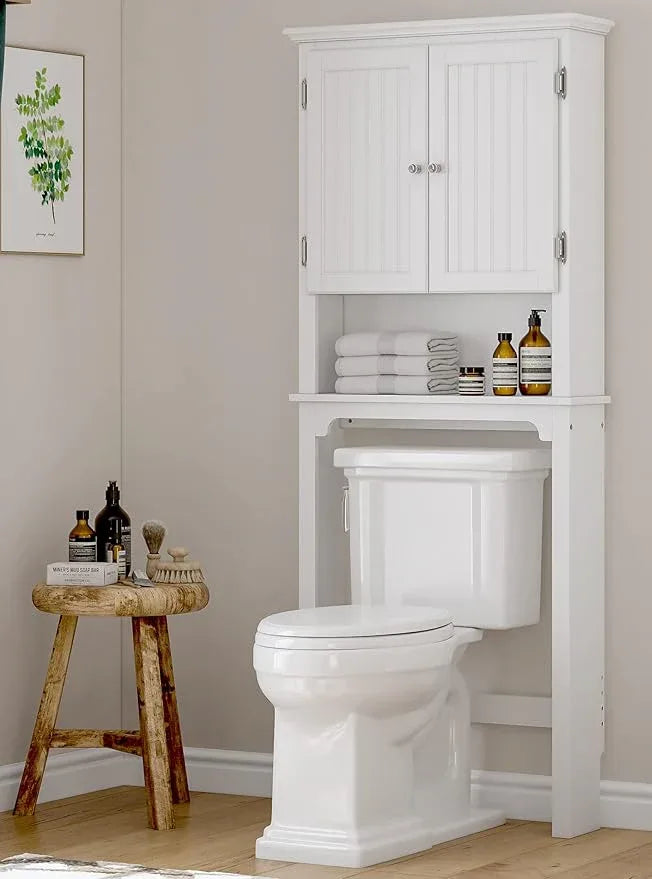 UTEX Over The Toilet Storage Cabinet, Over Toilet Bathroom Organizer with Adjustable Shelves and Double Doors, White - ModernBath