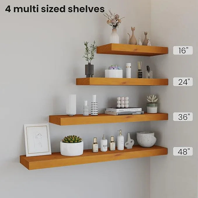 Pine Floating Wall Shelves Set of 2, 16 Inches Long x 8”x 1.4” Shelf Floating Rustic Farmhouse Decor, Heavy Duty Shelf, Wall Shelves for Bathroom Living Room Kitchen Bedroom Office, Honey Oak - ModernBath