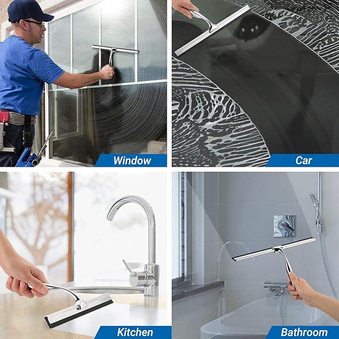 ecooe Stainless Steel Shower Squeegee with Hook, 12″ Shower Glass Cleaner Wiper Scraper with 2 Replacement Blade Window Squeegee for Home Bathroom Kitchen Car Glass Doors - ModernBath