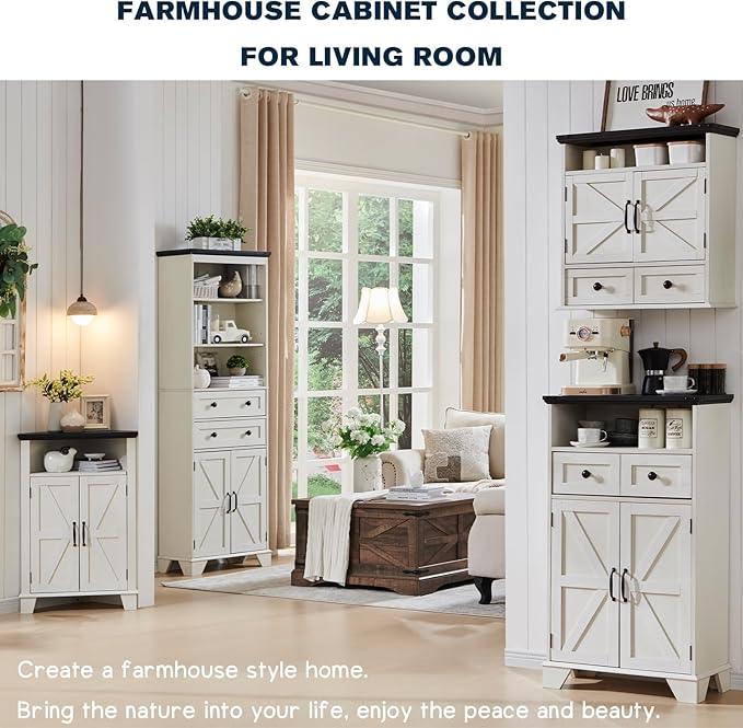 ACCOHOHO Bathroom Floor Cabinet, Farmhouse Storage Cabinet, 24" Wide Cabinet with Drawer, Adjustable Shelf, Barn Doors, Cabinets for Bathroom, Kitchen, Living Room, Off White - ModernBath