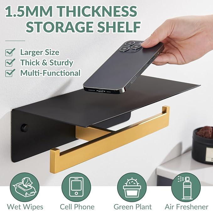 APLusee Double Toilet Paper Holder with Phone Shelf, 304 Stainless Steel Bathroom Tissue Hanger, Wall Mounted Dual Roll Paper Dispenser, Black & Gold - ModernBath