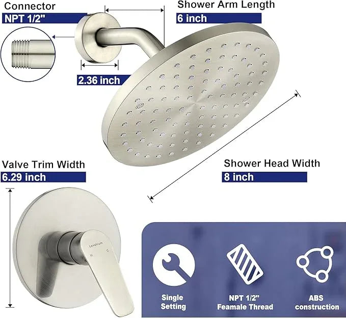 Lavatrum Brush Nickel Shower Head and Handle Set Single Spray Premium Wall Mount 8 Inch Rainfall Round Shower Faucet with Rough-in Valve and Trim Kit for Bathroom（1.8GPM) - ModernBath