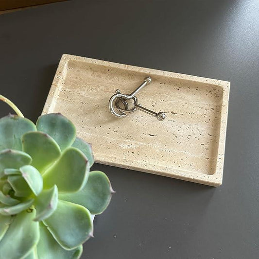 OAIQNUJ Natural Travertine Stone Perfume Tray, 9.8"x5.9" Marble Vanity Tray for Bathroom/Kitchen/Coffee Table - ModernBath