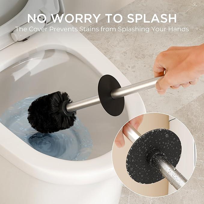 FORIOUS Toilet Brush and Holder Set Brushed Nickel, Heavy Duty 304 Stainless Steel Base and Long Handle Toilet Bowl Cleaners Brush, for Bathroom Storage and Organization, 2 Brush Head - ModernBath