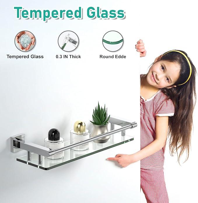 Glass Shelves for Wall, Chrome Stainless Steel & Tempered Glass Glass Shelf for Bathroom, Shelf Sink Over Toilet Bathroom Organizer (16-inch, Polished) - ModernBath
