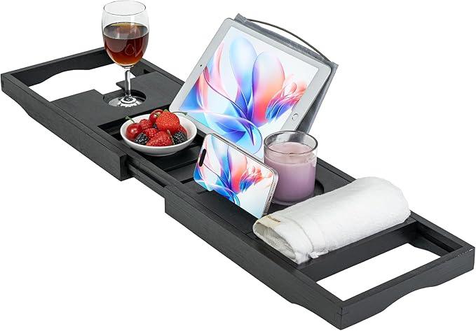 Utoplike Bamboo Bathtub Tray Caddy, Black Bath Tray Table for Tub, Adjustable Bathroom Organizer with Book Tablet Wine Glass Cup Towel Holder - ModernBath