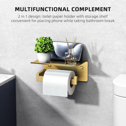 Angle Simple Toilet Paper Holder with Shelf, 304 Stainless Steel Bathroom Tissue Roll Holder for Wall, Brassy Gold - ModernBath