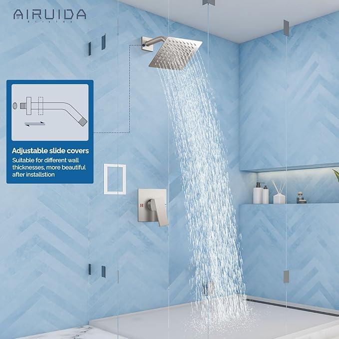 Airuida Shower Faucet Set Bathroom Rain Shower System SUS304 Stainless Steel Single Handle With Male Threads Rough-in Valve Shower Trim Kit 6 Inch Wall Mount Shower Head Brushed Nickel - ModernBath