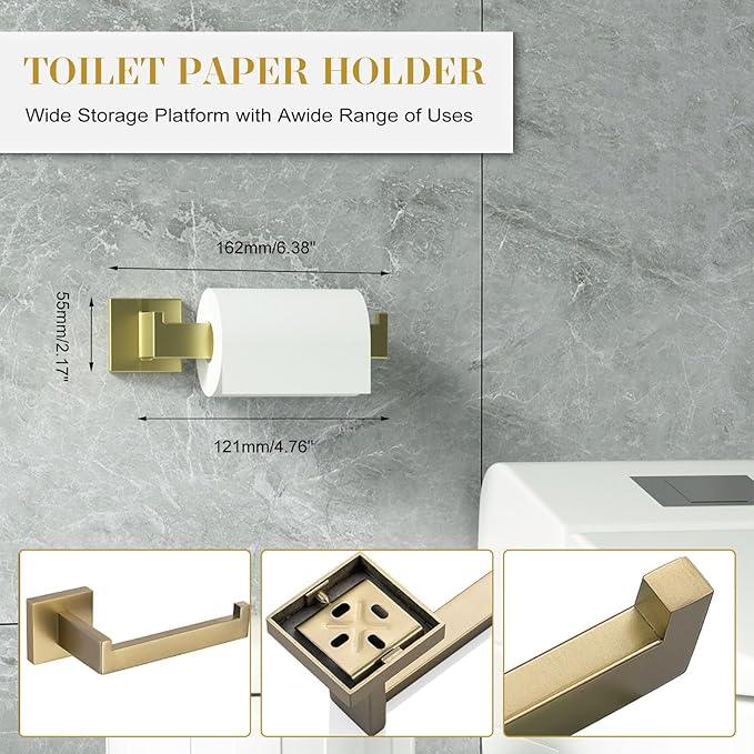 Bathroom Accessory Towel Bar Set: 10 Pieces Gold Bathroom Hardware Square SUS304 Stainless Steel - Wall Mounted Towel Rack&Toilet Paper Holder&Towel Ring and Towel Hook - ModernBath