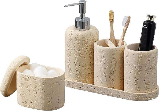 Bathroom Accessories Set, 5PCS Modern Bathroom Accessory Set with Soap Dispenser, Mouthwash Cup & Toothbrush Holder, Qtip Holder, Tray - ModernBath