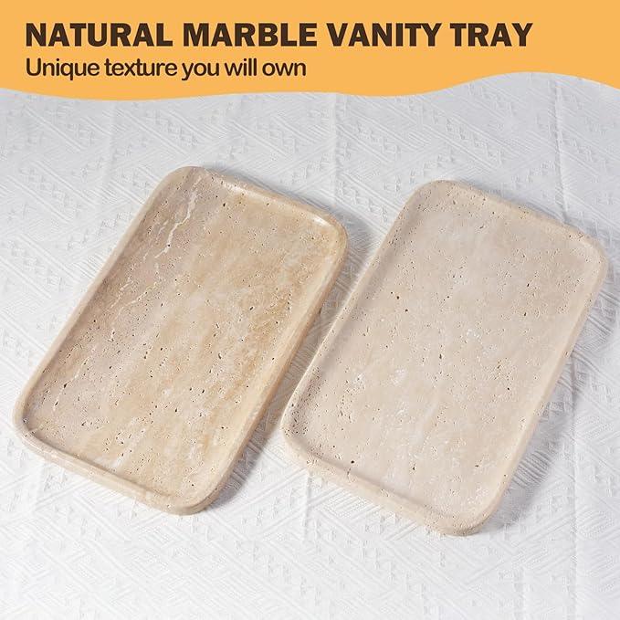 Travertine Vanity Tray, Stone Bathroom Tray for Countertop, 14'' Marble Decorative Dresser Trays, Large Serving Trays for Kitchen Counter, Storage for Kitchen Sink, Perfume, Jewelry Holder - ModernBath