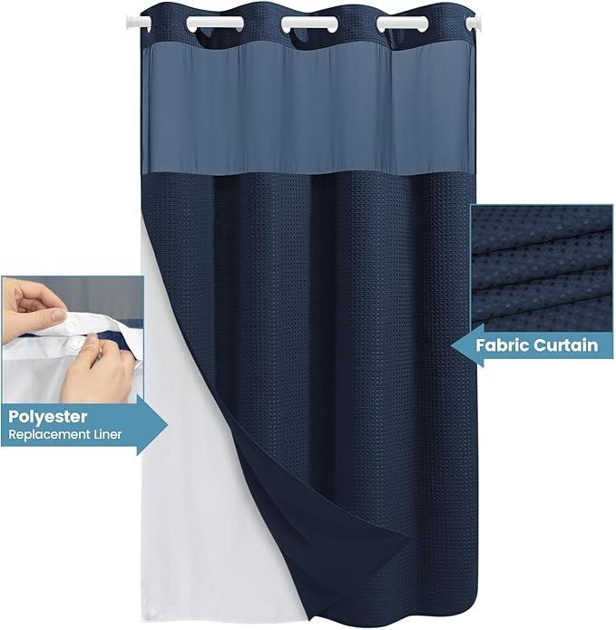 EUTXL Navy Blue Stall No Hook Shower Curtain with Snap in Liner,230GSM Waffle Weave Shower Curtains for Bathroom,54W x 80H - ModernBath