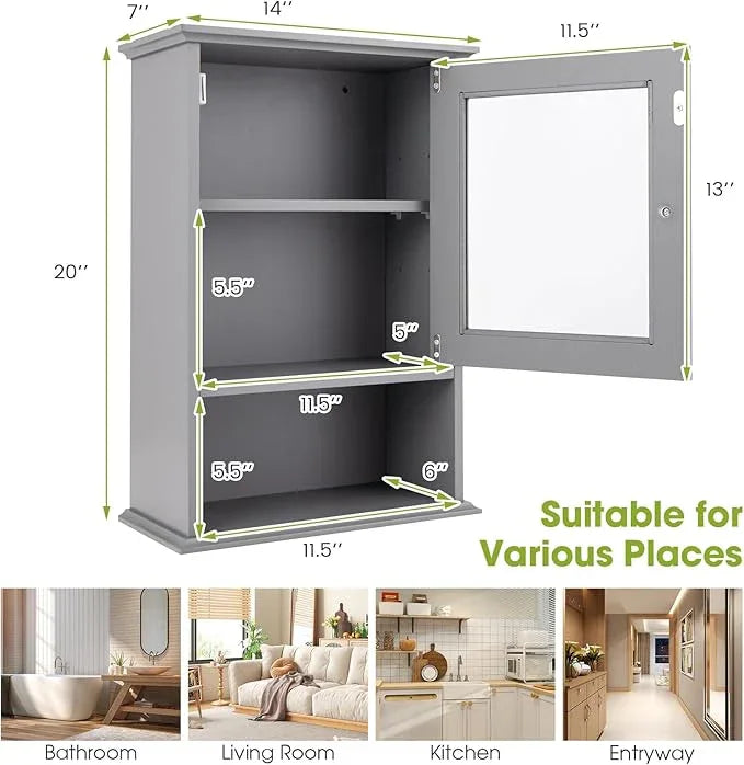 LOKO Bathroom Medicine Cabinet, Over The Toilet Storage Organizer with Adjustable Shelf, Modern Wall Mounted Storage Cabinet with Tempered Glass Door for Living Room, Entryway (Grey) - ModernBath