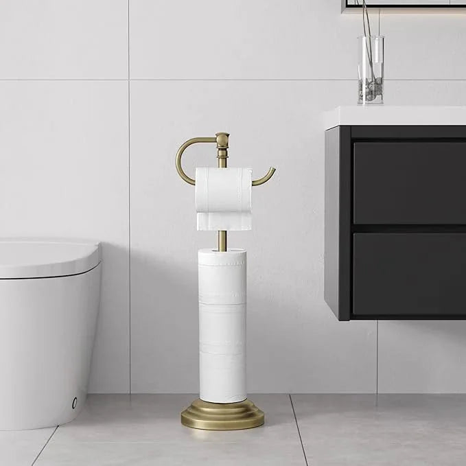 RUMOSE Toilet Paper Holder Stand for Floor,Antique Brass Adjustable (12.4" to 22.8") Bathroom Toilet Tissue Holder, Free Standing Paper Roll Holder with Storage, Stainless Steel - ModernBath