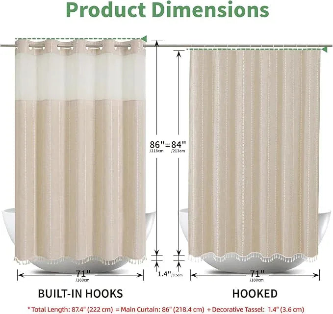 eachope No Hook Extra Long Shower Curtain Set with Snap-in Liner,Linen Textured Thick Striped Fabric with Tassels,Boho Chic Modern Farmhouse Bathroom Curtain,Water-Repellent,Cream/Beige,71x86 - ModernBath