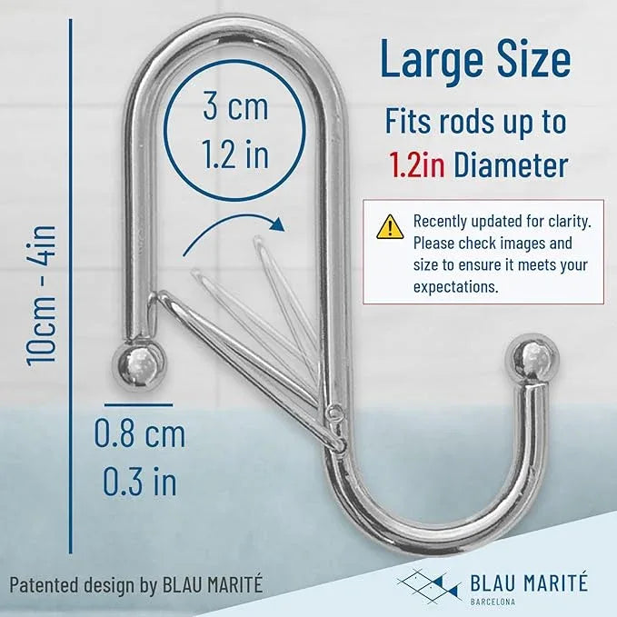 Blau Marité 6-Pack Metal S Hooks for Hanging – Heavy-Duty S-Shaped Hook with Safety Buckle – Fits Bars up to 1.2 in – Anti-Drop S-Hooks for Closet, Wardrobes & Storage – Silver (Large) - ModernBath