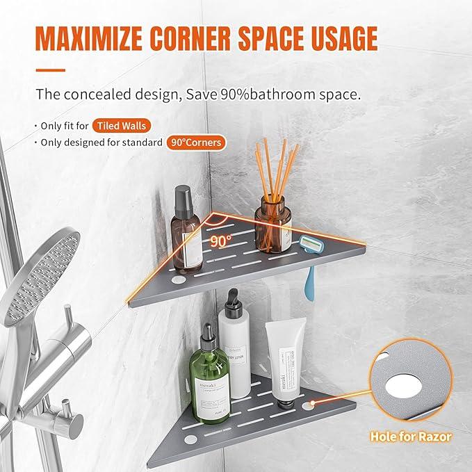 Corner Shower Shelf with Rozar Hole,Rustproof Stainless Steel Corner Shower Caddy Organizer Modern Sturdy Shower Shelf for Inside Shower 10" Large Capacity No-Drill Rack Storage Bathroom Accessories - ModernBath