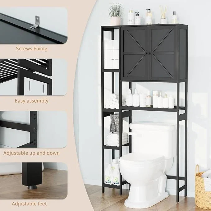 Bamboo Over The Toilet Storage, Above Toilet Organizer Storage Shelf Stand, Tall Freestanding Behind Toilet Rack, Tiered Bathroom Space Saver Shelving, Easy Assembly (Black) - ModernBath