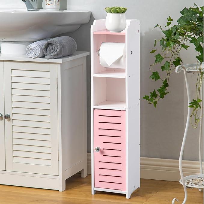 AOJEZOR Toilet Paper Holder Stand: Small Bathroom Storage Cabinet - Jelly Pink - White - ModernBath