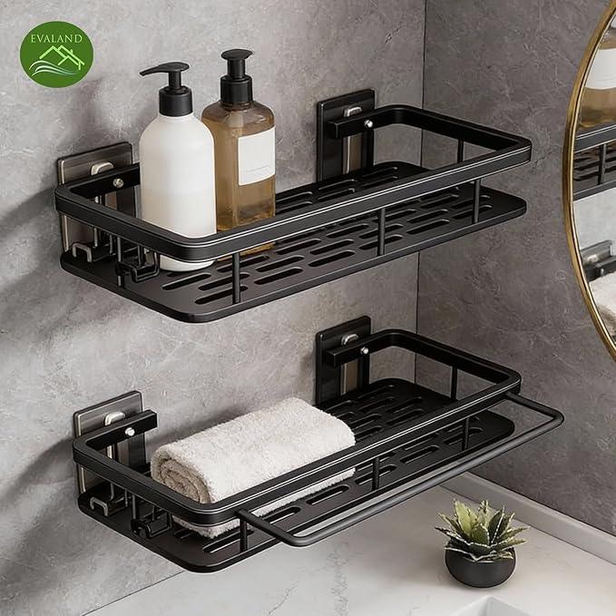 EVALAND Shower Caddy Adhesive 2-Pack with Hooks and Rod for Towels, Black – Premium Bathroom Shower Shelves, Shampoo Organizer, Bathtub Shelf, Rustproof, Easy Installation, Sturdy Modern Look - ModernBath