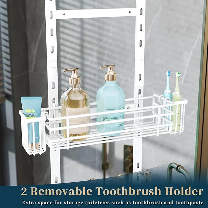 Consumest Over The Door Shower Caddy - 5 Tier Adjustable Shower Organizer Hanging with 2 Toothbrush Holders & 4 Hooks, Rustproof Organizer Shelf, Storage Rack for Bathroom, White - ModernBath