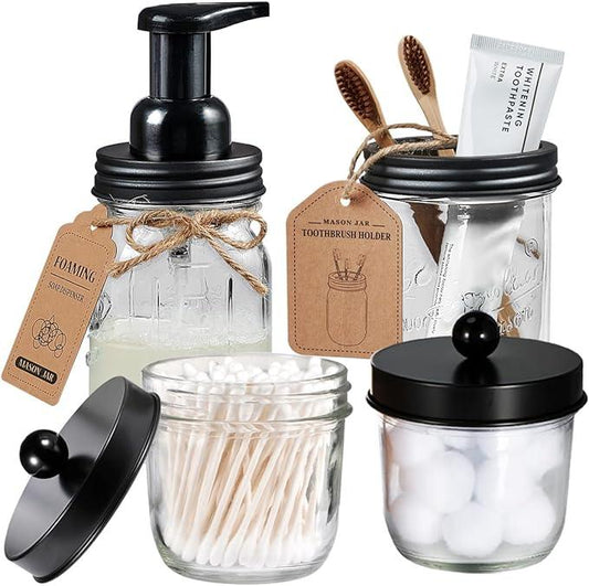 Amolliar Mason Jar Bathroom Accessories Set(4 Pack) - Foaming Soap Dispenser&Qtip Holder Set&Toothbrush Holder-Rustic Farmhouse Decor Bathroom Organizer Apothecary Jar Country Countertop (Black) - ModernBath