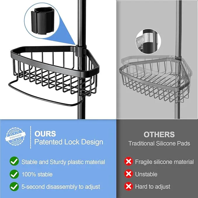 Corner Shower Caddy Tension Pole: Adjustable Rustproof 4-Tier Inside Bathroom Organizer - 47-121 inch Quick Installation Bathtub Shelves for Shampoo Storage - Rod Floor Standing Bath Rack - Black - ModernBath